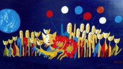 Sieben Luftballons zum Geburtstag, Acryl-Gold, 80 x 40 c